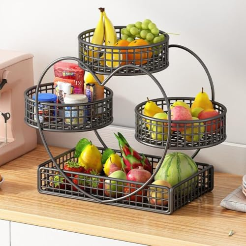 JUNYFFF 4 Ripiani Porta Frutta da Tavolo, Cestini per Frutta A 4 Livelli, Metallo Carrelli Cesto per Frutta Moderno, Cestino Portafrutta Decorativo E Espositore per Conservare Verdura Snack,Nero
