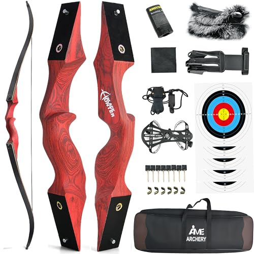 60 Black Hunter Recurve-Bogen Holz-Takedown-Bogen für Rechts-/Linkshänder für Erwachsene Amerikanischer Jagd-Langbogen 20-60 lbs für Bogenschießen, Jagd (Linke Hand,Rot,60 Pfund)