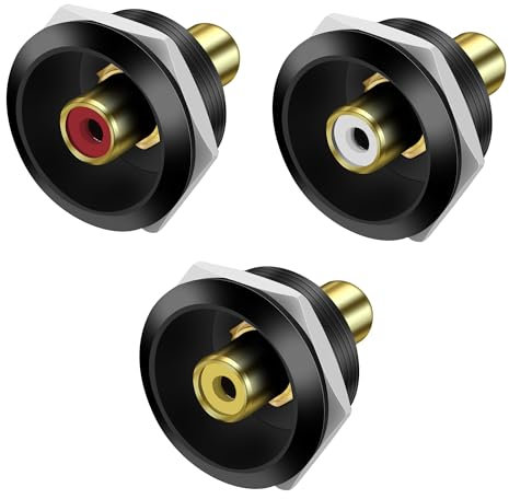 MEIRIYFA Lot de 3 connecteurs de montage de panneau RCA, RCA femelle vers femelle, adaptateur rond, filetage intégré, fixe, pour haut-parleur audio, vidéo, phono, amplificateur (noir)