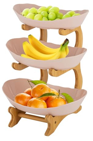 Kazafa Basket Stand 3-Tier Plastic Fruit Bowl Holder with Bamboo - Serving Plate for Kitchen Vegetable Snacks Candy Storage for Dessert (Beige)