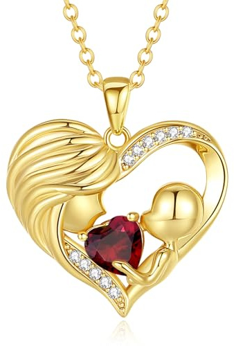 FANCIME Gold Mum Birthstone Necklace Garnet Mother and Child Love Heart Necklace I Love You Mum Gifts Mother's Day Gifts January Jewellery Gifts for Grandmother Mum Wife, 16+2 Inches