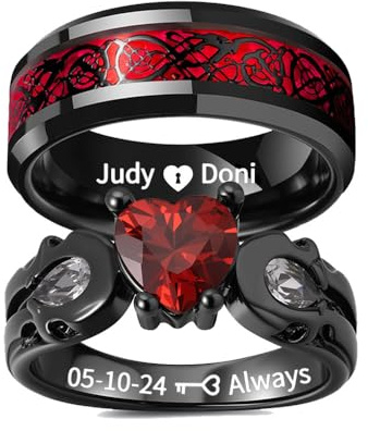 Leoshi Individuell graviertes Paar-Ring-Set, Versprechungsringe für Sie und Ihn, passende Herz-Verlobungsringe, personalisierte Herren-Eheringe für Damen, Größe 5–13