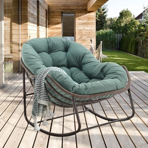 LIFEISLE Schaukelstuhl Schaukelsessel mit Rattan, Loungesessel drinnen & draußen, Ei-Schaukelstuhl für Wohnzimmer Balkon Garten Outdoor und Indoor Olefin-Gewebe Grün