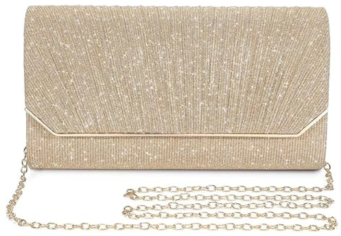 XFSRG Pochette Donna Elegante Pieghettata Borsa da Sera 22×14×4,5 cm Ideale per uso Quotidiano e Occasioni Speciali (Oro)