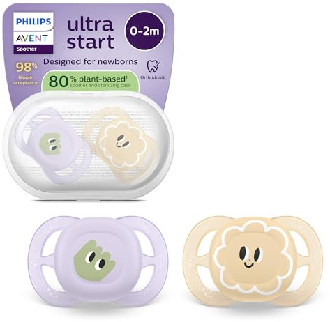 Philips Avent ultra start Schnuller – kiefergerecht geformtes Design, für Neugeborene, weicher, symmetrischer Silikonsauger, BPA-frei, mit Sterilisationsbehälter, 2er-Pack, SCF075/13
