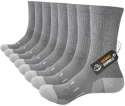 Niorasen Chaussettes Homme, 4 Paires en Coton Peigné à Bout et Talon Renforcés, Chaussettes de Sport Crew pour Running, Randonnée, Marche, Cyclisme, Gris, 43-46