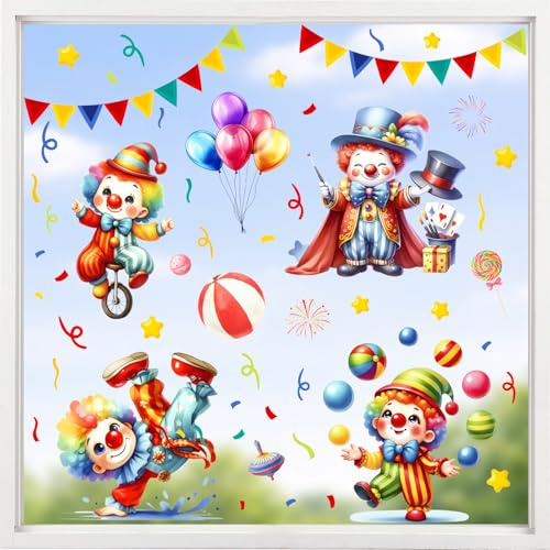 Fensterbilder Karneval, 4 Blatt Clown Fensterbilder Selbstklebend, Clown Deko Fensterdeko Karneval Faschingsdeko