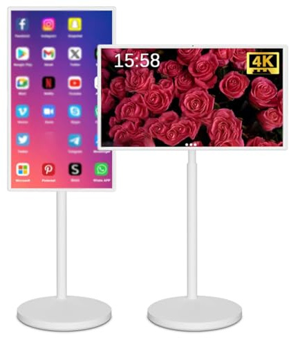 Oiyekntd Portable TV Smart Screen with Remote Control, 27-Inch Mobile TV Stand, Standing Touch Screen Monitor, Wireless Rolling TV on Wheels, Built-in Battery Full Swivel Rotation 4G+64G