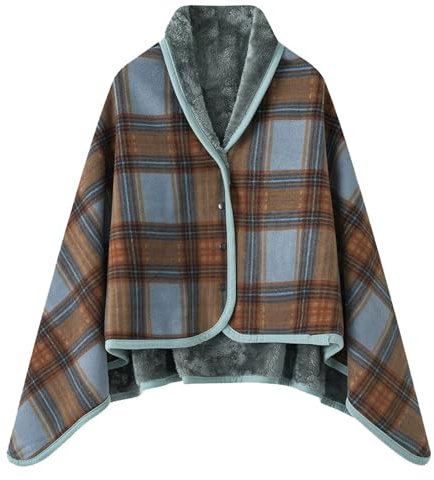 KBOPLEMQ Damen Poncho Fleece Tragbare Decke Karierte Schoßdecke Bequemer Poncho Plüschdecken Überwurf Schal Winter Gestrickt Wickelbezug Umhang Flauschige Mantel mit Knöpfen Warme Sapes