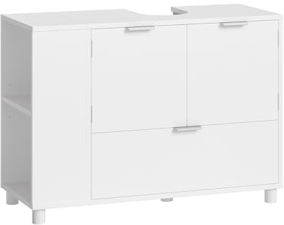 FORABAMB Waschbeckenunterschrank weiß, Badezimmerschrank mit 2 Türen, große Schublade, offene Fächer an Einer Seite, rechts oder Links austauschbar,Unterschrank, Waschtischunterschrank,30 x 60 x 75 cm