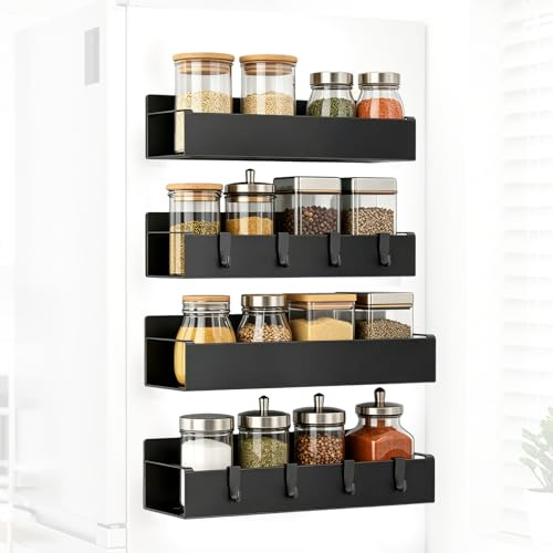 Waufoae Kühlschrank Regal Magnetisch 4 Stück, Magnet Regal Kühlschrank mit 8 Haken, Magnetisches Gewürzregal, Gewürzregal Magnetisch, Gewürzhalter Hängend Aus Metall für Küche Aufbewahrung