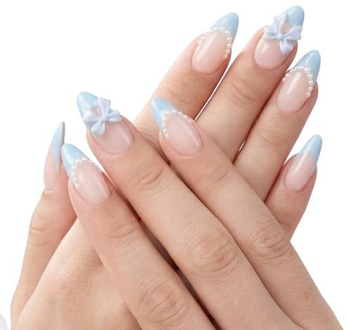 Ceriselle Nägel zum Aufkleben French, 24 Stück Blue French Tip Press on Nails, Mittelgroße Almond Fake Nails mit 3D Bow Designs und Perlen, Nude Pink Glanz, Für Frauen, Maniküre Kit für den Alltag