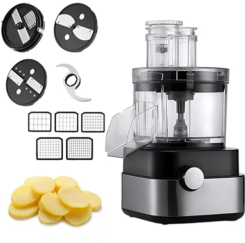 Procesador de Alimentos Industrial 5 en 1, Cortaverduras Eléctrico 600W Alta Velocidad, Bol 5 Litros Acero Inoxidable, Picadora con Bloqueo de Seguridad