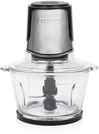 Princess 221052 Picadora eléctrica de alimentos Duo XL, 4 Cuchillas de Acero Inoxidable, Bol de Vidrio con indicador de nivel de 1.5 L, picadora de cocina para carne, verdura, fruta y hielo, 300 W