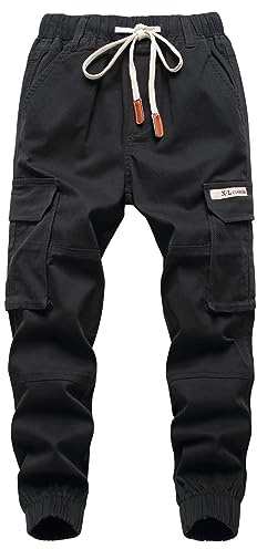 YoungSoul Pantalon Cargo Garçon - Jogging Slim Enfant - Pantalon Garcon Taille Élastiquée, Noir, 9-10 Ans/Taille 150