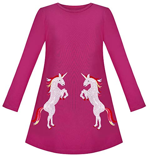 Vestido para niña Rosa Fucsia Unicornio Lentejuela Bordado Manga Larga 3 años