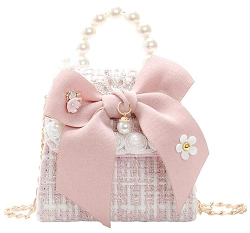 Petit à main avec nœud et chaîne en perles, mignon à main princesse rose à bandoulière pour enfants