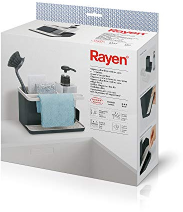 Rayen | Organizador de Utensilios para Fregadero, Gama Premium, Bandeja de Goteo, Fácil de Limpiar, Compartimentos, Dispensador de Jabón, Gris Claro Y Gris Oscuro