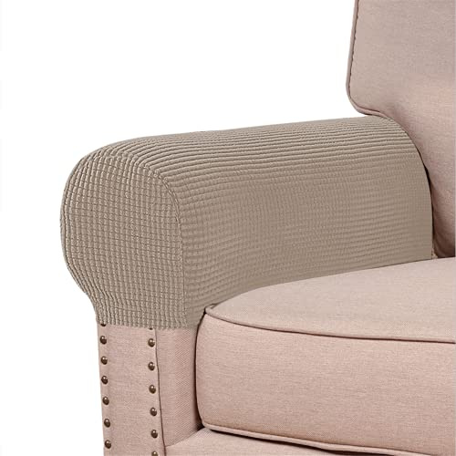 GAMUKAI Stretch Armrest Covers (Set of 2) – Anti-Slip Spandex Jacquard Furniture Protectors for Chairs, Sofas & Recliners – Washable & Durable Slipcovers (Khaki)