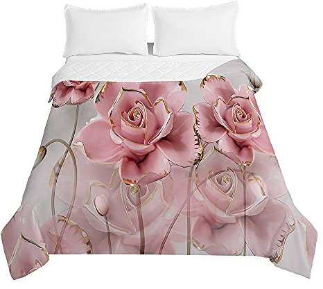 Surwin Tagesdecke Bettüberwurf Steppdecke für Doppelbett Einzelbett, Mikrofaser Wattiert Gesteppt Bettdecke 3D Rose Druck Dünne Tagesdecken mit Ultraschall Prägung (Blühende Blumen,150x200cm)