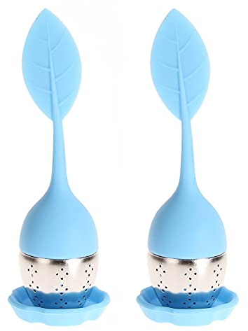 Alnicov Lot de 2 infuseurs à thé en maille avec plateau d'égouttement, en acier inoxydable 304 avec poignée en silicone, parfaits pour les théières et les tasses (forme de feuille bleue)