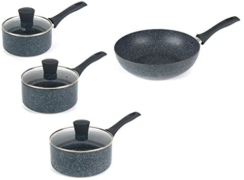 Russell Hobbs COMBO-7551A Nightfall Stone 4 Piece Cookware Set - Non-Stick Pan Set, 16/18/20 cm Saucepans, 28 cm Wok, Pressed Aluminium Cookware, Heat Resistant Exterior, Tempered Glass Lids