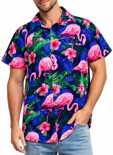 King Kameha Camicia Hawaiana Uomo a Maniche Corte con Stampa Fenicottero Colorato