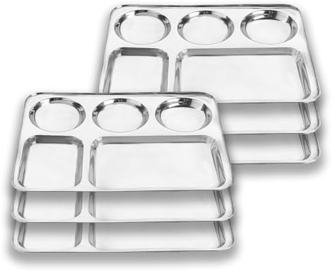 Kitchen kemistry Premium Stainless Steel Luxurious 5 In 1 Three Compartment Divided Dinner Plate/Partition Thali/Partition Plate -Set of 6