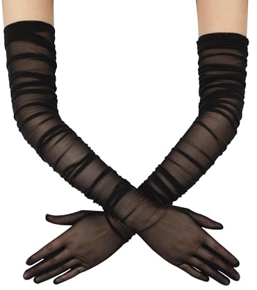 Hoseirty Damen lange Tüll Hochzeit Party Handschuhe für Braut 27,5 Zoll Ellenbogen Länge Vintage Sheer Tee Party Abend Prom Oper Party Handschuhe, Schwarzes Netz 01, Elbow Length