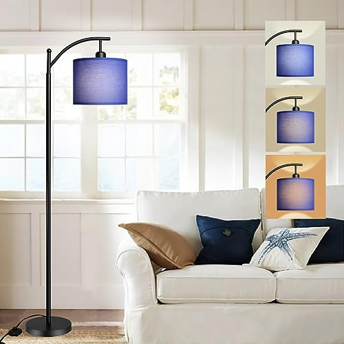 Depuley - Lampada da terra moderna per soggiorno, lampada ad arco con paralume in tessuto blu, attacco E27, interruttore a pedale, lampada da lettura con 3 temperature di colore, altezza 156 cm