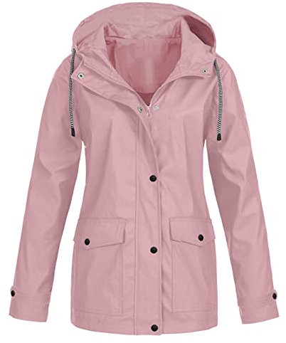 Cocila Ladies Windproof Rain Jacket Womens Autumn Winter Solid Color Hooded Pockets Watertight Windproof Jacket Rain Coat Women (Pink, S)