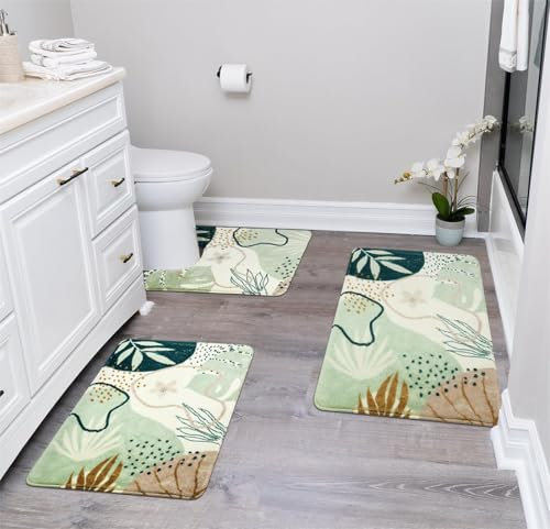 Uphome 3-teiliges Badematten-Set, grün, 45,7 x 63,8 cm + 50,8 x 78,9 cm + U-Form 50,8 x 61 cm, modern, rutschfest, maschinenwaschbar