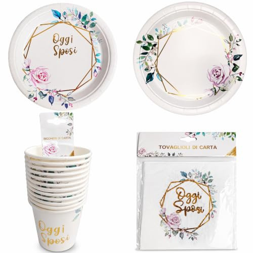 ZENZERO® -Kit Coordinato Matrimonio Usa e Getta Elegante – 16 Piattini 18 cm, 12 Piatti 23 cm, 12 Bicchieri, 16 Tovaglioli – Decorazione Floreale Oggi Sposi per Matrimonio, Nozze, Ricevimento
