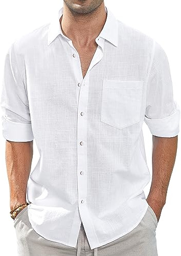 J.VER Leinenhemd Herren Langarm Leichtes Sommerhemd Einfarbig Business Freizeithemd Party Club Reisen Alltägliche Leinen Shirt mit Taschen