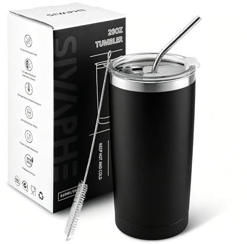 Sivaphe Travel Mug with Straw, Insulated Beer Drinking Glasses Tumbler Stainless Steel Men Camping Coffee Cup Double Wall Vacuum Stemless 20OZ / 550ML Black