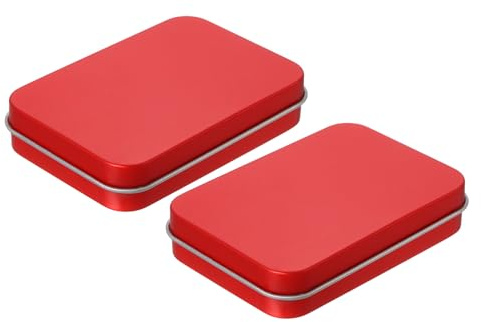 sourcing map Metal Tin Box Container, 2Pcs 3.4x2.4x0.7 Inch Red Rectangular Metal Hinged Tin Box Mini Portable Storage Container Kit with Lid for Home Storage