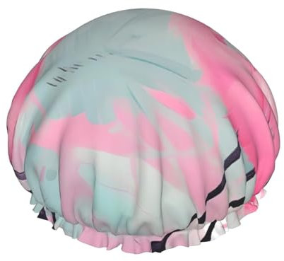 Wiederverwendbare, doppellagige, wasserdichte Duschhaube mit elastischer Kordel für die Hausreinigung, Gesichtspflege, Dusche, Pink Flamingo