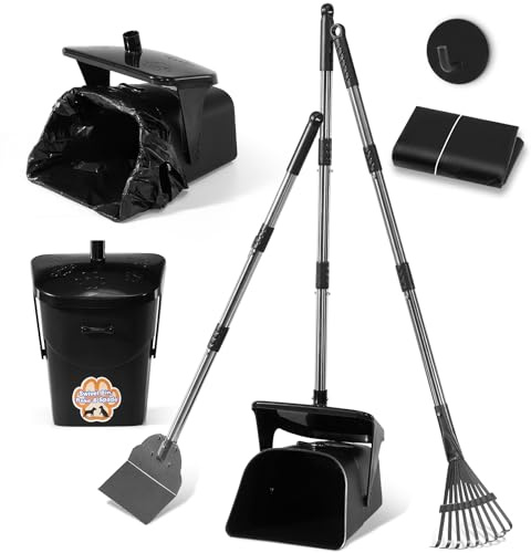 Ulugt Stainless Steel Dog Pooper Scooper,40 Long Handle Swivel Bin, Rake and Spade,20 Waste Bags & Hook - Heavy Duty Portable Metal Poop Scooper for Large,Medium and Small Dogs