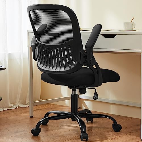Sweetcrispy Bürostuhl Schreibtischstuhl Ergonomisch mit Hochklappbaren Armlehnen, Höhenverstellbarer Chefsessel Drehstuhl, Netzstuhl mit Wippfunktion bis 120° für das Heimbüro, Office, Studie, Schwar