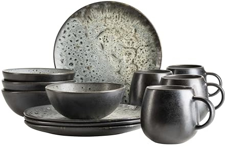 MÄSER Carellia Frühstücksservice 12-teilig – Steinzeug aus Portugal – Reaktivglasur – 4 Dessertteller 23 cm, 4 Schüsseln 15 cm, 4 Kaffeebecher 430 ml – Spülmaschinen- & mikrowellengeeignet, Grau