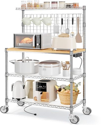 Leteuke Bakers Rack with Power Outlet & Storage, 36 Inch Microwave Stand Kitchen Cart, 4-Tier Metal Kitchen Shelves Cart with Wheels & 20 S-Hooks for Kitchen, NSF Certified, 63 x 18 x 36 Inch-Chrome