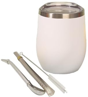 STOUCLA Taza Mate, juego de tazas de té mate,Taza de té mate de doble pared de acero inoxidable resistente al calor,con tapa sin BPA,dos pajitas y cepillo de limpieza(blanco)