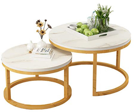 JWBXFYXW Set aus 2 Satztischen für das Wohnzimmer, Moderne runde Sofatische, Couchtische mit goldenem Metallrahmen, Beistelltische aus gehärtetem Glas