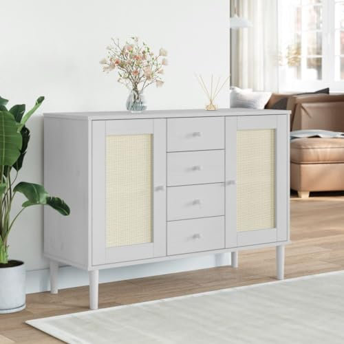KLYEON Sideboard SENJA Rattan-Optik Weiß 112x40x80 cm Kiefernholz,Stilvolle SideboardKommode aus Kiefernholz mit Rattanfront und viel Stauraum Diele & Flur Möbel