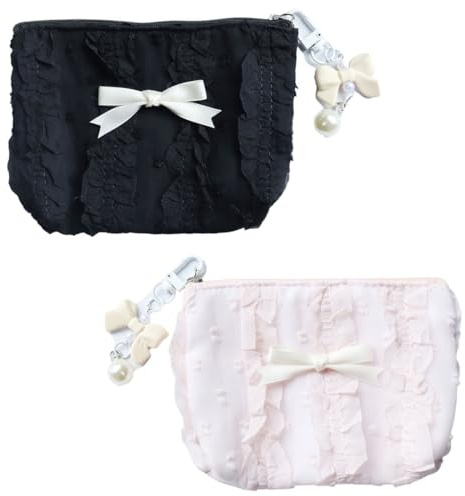 2 Stück Mini Geldbeutel Täschchen, Tasche mit Spitzenschleife, Klein Mini Canvas Geldbörse mit Reißverschluss, Niedliche Leinwand Brieftasche, Schminktasche Münztaschen(rosa und schwarz)