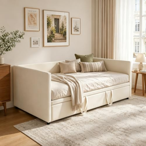 YGHQAP Divano letto convertibile 90/180 x 200 cm, divano letto 2 posti estraibile con rete a doghe multifunzione, telaio letto imbottito per 2 persone in velluto, senza materasso (Beige)
