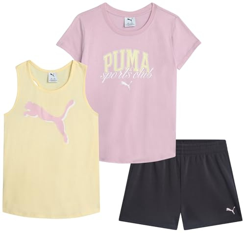 PUMA Mädchen Active Shorts Set - 3-teiliges Performance T-Shirt Tank Top Gym Shorts Sommer Athletic Outfit für Mädchen (7-14), Rosa/malvenfarben, 12-14