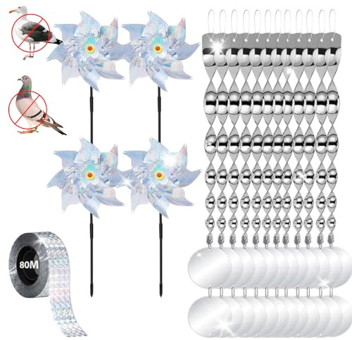Lot de 41 Répulsifs pour Oiseaux – 12 Spirales Réfléchissantes, 24 Réflecteurs Ronds, 4 Moulins à Vent Anti-Oiseaux, 1 Ruban Répulsif Brillant (80 m) – pour répulsif à oiseaux de jardin et de balcon