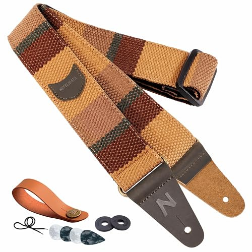 Nefelibata Sangle de guitare avec poche pour médiators, extrémités en cuir de vache pour basse, guitare électrique et acoustique, livrée avec bouton de sangle, 1 paire de verrous de sangle et 4