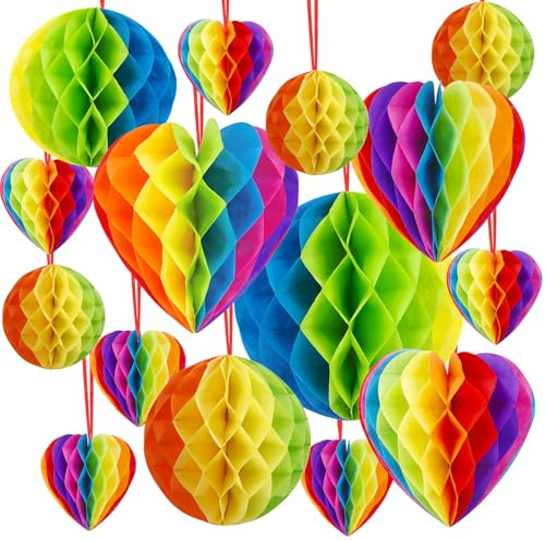 BOARDFEB Regenbogen Deko, 15 Stück Pride Herz Deko Gay Regenbogen Wabenbälle LGBT Honeycomb für Party Hochzeit Geburtstag